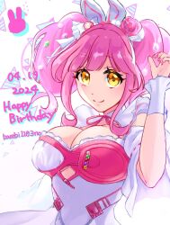  1girl anno_(bambi1103no) artist_name breasts cleavage dated dress floating_hair hair_ribbon happy_birthday highres looking_at_viewer macross macross_delta makina_nakajima medium_breasts orange_eyes pink_hair pink_nails ribbon simple_background smile solo twintails upper_body white_background white_dress white_ribbon 