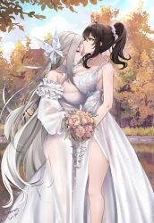  2girls azur_lane bouquet breast_press breasts brown_eyes brown_hair butterfly_hair_ornament cleavage cloud cloudy_sky commentary commission dress english_commentary female_commander_(azur_lane) female_focus flower from_side grey_hair hair_ornament high_ponytail highres holding holding_bouquet hug irkawaza large_breasts long_hair matching_hair/eyes multiple_girls official_alternate_costume second-party_source side_slit sky symmetrical_docking tree very_long_hair wedding_dress wife_and_wife yorktown_(azur_lane) yorktown_(towards_tomorrow&#039;s_brilliant_breeze)_(azur_lane) yuri 