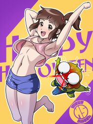  1girl 1other armpits arms_up blood blush brown_eyes brown_hair bulge cleft_of_venus erection erection_under_clothes flat_chest goblin goblin_male hari_koo highres loli looking_at_viewer megasweet midriff_peek nipple_slip nipples nosebleed one_leg_raised open_mouth pussy shinbi short_hair shorts side_ponytail standing standing_on_one_leg tank_top the_haunted_house thighs 