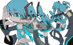  1girl abstract afterimage bare_shoulders black_footwear black_skirt black_sleeves blue_eyes blue_hair blue_necktie boots collared_shirt commentary_request detached_sleeves eiri7hamono grey_shirt hair_ornament hatsune_miku headphones highres long_hair miniskirt necktie number_tattoo open_mouth pleated_skirt salute shirt shoulder_tattoo simple_background skirt sleeveless sleeveless_shirt smile tattoo thigh_boots turning_around twintails very_long_hair vocaloid white_background 