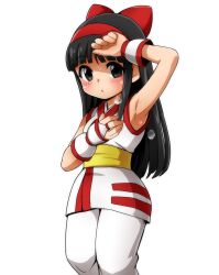  1girl ainu_clothes armpits black_hair breasts fingerless_gloves gloves grey_eyes hair_ribbon hand_on_own_chest highres legs long_hair looking_at_viewer medium_breasts nakoruru pants presenting_armpit puckered_lips ribbon samurai_spirits shaded_face snk solo sweat the_king_of_fighters thighs wide_hips yuuya_(blue_scarab)  rating:Sensitive score:0 user:spk