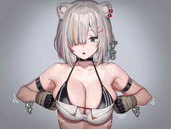  1girl adapted_costume adjusting_clothes animal_ear_fluff animal_ear_piercing animal_ears areola_slip arm_strap asymmetrical_bangs bikini bikini_top_only black_bikini black_choker black_eyes blue_hair blush breasts choker cleavage commentary fingerless_gloves gloves gradient_background grey_background grey_gloves grey_hair hair_ornament hair_over_one_eye hololive large_breasts light_blue_hair lion_ears looking_down motion_lines multicolored_hair official_alternate_hair_length official_alternate_hairstyle open_mouth orange_hair pink_hair shishiro_botan short_hair simple_background skindentation solo sound_effects strapless streaked_hair string_bikini swimsuit tenchisouha translated tube_top upper_body virtual_youtuber x_hair_ornament  rating:Questionable score:32 user:danbooru