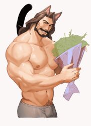 1boy abs absurdres animal_ears animated animated_gif bara beard bouquet brown_hair bulge cat_boy cat_ears cat_tail check_copyright copyright_request cowboy_shot cropped_legs facial_hair flower full_beard grin highres kantocryz large_pectorals looking_at_viewer male_focus mature_male muscular muscular_male navel nipples original pants pectorals smile solo standing stomach tail tail_wagging thick_eyebrows thick_mustache track_pants unfinished 