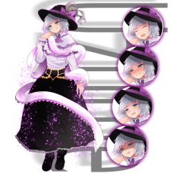 1girl aqua_eyes arano_oki black_hat black_skirt blush bow capelet character_name closed_eyes closed_mouth expressions frilled_shawl frills full_body grey_hair hat hat_bow jewelry light_particles long_sleeves looking_at_viewer m.u.g.e.n nagae_iku purple_bow second-party_source shaded_face shawl shirt short_hair skirt smile solo standing sweat tachi-e touhou uzume_(mugen) white_background white_capelet white_shirt