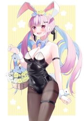  1girl animal_ears arm_strap bare_shoulders basket black_leotard blue_bow blue_bowtie blue_flower blue_hair blue_nails blush bow bowtie breasts cleavage colored_inner_hair detached_collar fake_animal_ears fake_tail flower hair_ornament highres holding holding_basket hololive large_breasts leotard long_hair looking_at_viewer minato_aqua multicolored_hair open_mouth pantyhose playboy_bunny purple_eyes purple_hair rabbit_ears rabbit_tail shokorate solo strapless strapless_leotard tail thigh_strap thighband_pantyhose twintails two-tone_hair virtual_youtuber wrist_cuffs x_hair_ornament yellow_flower  rating:Sensitive score:8 user:danbooru