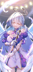  1girl :d ^_^ absurdres bare_shoulders bead_bracelet beads bracelet choker closed_eyes commentary_request cowboy_shot detached_sleeves dress fall4592 feathers gloves hair_between_eyes hair_intakes highres holding honkai:_star_rail honkai_(series) jewelry long_hair open_mouth purple_choker revision robin_(honkai:_star_rail) short_sleeves smile solo standing strapless strapless_dress very_long_hair white_dress white_gloves white_hair 