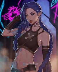  1girl arm_tattoo armpit_peek artist_name blue_hair braid breasts crop_top female_focus full-body_tattoo hair_over_shoulder hand_on_own_head highres indoors inhoso jinx_(league_of_legends) midriff one_eye_closed small_breasts solo spray_paint stomach_tattoo tattoo tongue tongue_out twin_braids watermark window wink  rating:Sensitive score:33 user:ecchi_homo