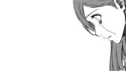 bleach commentary_request crying crying_with_eyes_open from_side hair_between_eyes inoue_orihime kubo_tite long_hair looking_down monochrome non-web_source official_art source_request tears white_background 