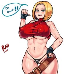  1girl abs absurdres armpits bad_id bad_pixiv_id bare_shoulders blonde_hair blue_eyes blue_mary breasts crop_top fatal_fury fingerless_gloves gloves halterneck halterneck highres large_breasts midriff muscular navel panties pants partially_visible_vulva radracer ribbed_sweater short_hair smile snk solo straight_hair sweater the_king_of_fighters underwear  rating:Questionable score:32 user:danbooru