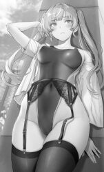  1girl absurdres arm_up blush breasts closed_mouth commentary_request covered_navel cowboy_shot garter_belt garter_straps gentsuki highleg highleg_swimsuit highres kimi_omou_koi kuroe_(kimi_omou_koi) large_breasts long_hair monochrome off_shoulder one-piece_swimsuit open_clothes open_shirt outdoors shirt short_sleeves single_bare_shoulder solo swimsuit thighhighs thighs twintails 