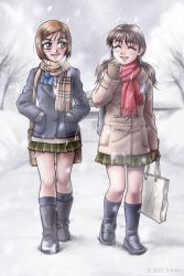  2girls boots coat duffel_coat e-ken multiple_girls skirt snow tagme  rating:Sensitive score:0 user:tapeboy