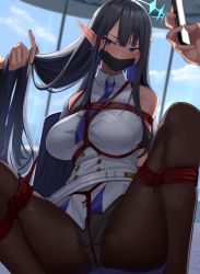 absurdres bdsm black_hair blue_archive blue_eyes bondage bound breasts gag gagged grabbing_another&#039;s_hair halo harris_hero highres large_breasts long_hair necktie pantyhose pointy_ears restrained rin_(blue_archive) variant_set rating:Sensitive score:54 user:danbooru