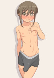  1boy androgynous black_male_underwear blush boxer_briefs bright_pupils bulge erection erection_under_clothes green_eyes hair_between_eyes highres large_penis looking_at_viewer male_focus male_underwear muraosamu navel nipples original penis shota smile solo topless_male underwear white_pupils  rating:Questionable score:252 user:Dweenie