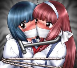 2girls bdsm blue_hair blush bondage bound bound_together breast_press breasts brown_eyes chain cloth_gag female_focus forced_partners gag gagged improvised_gag lock long_hair medium_breasts multiple_girls necktie original over_the_mouth_gag red_hair rope shingyouji_tatsuya short_hair sweat symmetrical_docking bound_together uniform rating:Questionable score:56 user:inky