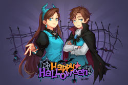  1boy 1girl blue_eyes brother_and_sister brown_hair cape crossed_arms dark_persona dipper_gleeful formal gravity_falls hairband halloween happy_halloween mabel_gleeful puffy_sleeves siblings soul4444 twins vest will_cipher 