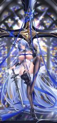  1girl absurdly_long_hair absurdres alsace_(azur_lane) armored_boots armored_legwear azur_lane bare_shoulders belt between_breasts black_belt black_gloves black_nails black_thighhighs black_tiara blue_hair blue_ribbon boots breast_strap breastless_clothes breasts chinese_commentary cleavage collarbone commentary_request covered_navel cross detached_collar dress elbow_gloves full_body gauntlets gloves halo halo_behind_head hand_up headgear highres holding holding_sword holding_weapon iue_(artist) knee_up large_breasts long_hair looking_at_viewer no_mask parted_bangs parted_lips ribbon shadow sidelocks single_boot single_elbow_glove skindentation solo standing standing_on_one_leg strap_between_breasts sword thighhighs tiara underbust very_long_hair weapon white_dress 