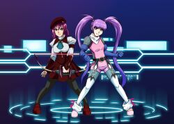  2girls belt beret bodysuit bow_(weapon) breasts clenched_hands commentary commission commissioner_upload crossover elbow_gloves english_commentary fighting_stance frown gloves hat holding holding_weapon long_hair m.o.m.o. multiple_girls non-web_source pantyhose pink_hair puffy_sleeves purple_eyes purple_hair self-upload short_hair sophie_(tales) tales_of_(series) tales_of_graces tedbob84 twintails very_long_hair weapon xenosaga xenosaga_episode_iii yellow_eyes 