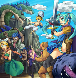3boys 3girls :d :o ;) animal_ears aqua_eyes aqua_hair aqua_panties arm_up armpits arms_up attack bald bare_shoulders barefoot battle belt belt_buckle black_gloves black_legwear blonde_hair blue_belt blue_bow blue_bowtie blue_dress blue_eyes blue_gemstone blue_hair blue_leotard blue_pants blue_vest blush boots bow bowtie breasts brother_and_sister brown_belt brown_footwear buckle cape chasing circlet clenched_hands clenched_teeth cliff closed_mouth cloud colored_skin commentary_request constricted_pupils cosplay dark_skin day dragon dragon_quest dragon_quest_iii dress fake_animal_ears fake_tail feet flying_kick furrowed_brow gem gloves gluteal_fold green_dress grey_shirt hair_between_eyes hair_bow hair_ornament hair_tie hairband hairclip hand_on_own_hip hatsune_miku heart holding holding_staff holding_sword holding_weapon hydra jester_(dq3) jester_(dq3)_(cosplay) kagamine_len kagamine_rin kicking knee_boots kurio leotard light_smile lips liquid_metal_slime_(dq) long_hair long_tongue looking_at_another mage_(dq3) mage_(dq3)_(cosplay) medium_breasts megurine_luka merchant_(dq3) merchant_(dq3)_(cosplay) metal_slime missing_tooth monster multiple_boys multiple_girls multiple_heads muscular nose_blush one-eyed one_eye_closed open_clothes open_mouth open_vest orange_cape orange_gloves orange_skin orochi outdoors panties pants pantyhose pantyshot pectorals pink_hair playboy_bunny pointy_ears ponytail purple_cape purple_gemstone purple_hair rabbit_ears rabbit_tail red_eyes rock roto roto_(cosplay) roto_(dq3) running sash scared serious sharp_teeth shirt short_dress short_hair short_ponytail short_sleeves siblings sidelocks sky slime_(dragon_quest) small_breasts smile soles spiked_hair spoken_heart spread_legs staff stepped_on strapless strapless_dress strapless_leotard striped_clothes striped_panties sweatdrop sword tail tears teeth thighhighs tongue tongue_out torn_clothes torn_pants torn_shirt troll troll_(dragon_quest) turban twins twintails underwear vest vocaloid walking_corpse_(dragon_quest) weapon white_bow white_hairband white_panties white_pants wide-eyed wrist_cuffs yamata_no_orochi_(dragon_quest) zombie