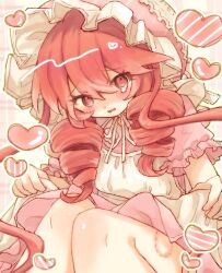  1girl alternate_costume apron blush bonnet clothes_lift dress dress_lift drill_hair funamusea hat heart hickey highres light_blush lobco_(funamusea) lolita_fashion long_hair looking_to_the_side oounabara_to_wadanohara open_mouth pink_background pink_dress puffy_short_sleeves puffy_sleeves red_eyes red_hair ribbon short_sleeves single_tear sitting solo twin_drills vmein_46 wavy_mouth white_apron white_hat white_ribbon 