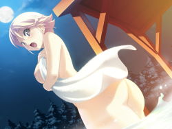 1girl ars_magna ass blonde_hair blush breasts brown_eyes brown_hair covering_privates dutch_angle enjouji_alex_yukihiro koutaro large_breasts moon nipples nude_cover onsen open_mouth short_hair solo towel rating:Explicit score:44 user:danbooru