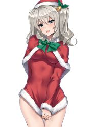  10s 1girl aran_sweater arm_behind_back bell blue_eyes blush bow breasts cable_knit capelet christmas covered_navel covering_privates covering_crotch embarrassed fur_trim hair_bell hair_ornament hat highres kantai_collection kashima_(kancolle) leaf legs long_hair no_pants okita_ababa open_mouth santa_costume santa_hat shirt_tug sidelocks silver_hair solo sweater twintails wavy_hair wavy_mouth  rating:Sensitive score:18 user:danbooru