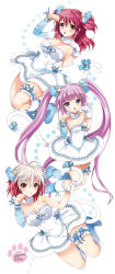 3girls :o akina_tsukako bow breasts brown_eyes cat_tail cheria_barnes cleavage grin highres large_breasts bridal_garter long_hair matching_outfits multicolored_hair multiple_girls open_mouth pascal_(tales) pascal_(tales) paw_pose polka_dot purple_eyes purple_hair red_hair ribbon skirt smile snowflakes sophie_(tales) tail tales_of_(series) tales_of_graces twintails two-tone_hair two_side_up very_long_hair white_hair rating:Sensitive score:25 user:danbooru