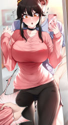 1boy 1girl :o akchu black_choker black_hair black_legwear black_nails black_shorts blouse blue_shirt blurry blurry_background blush breasts brown_eyes chobi_(akchu) choker clothes_pull clothes_tug collarbone commentary_request covered_face hair_between_eyes hair_ribbon hand_up highres large_breasts looking_down meme mirror nail_polish open_mouth original pajamas_challenge pants pantylines parted_lips phone picture_frame pink_shirt pink_sweater pulling_another&#039;s_clothes ribbon selfie shirt shirt_grab shorts sidelocks skin_tight standing sweater sweater_tug wide_hips yoga_pants rating:Sensitive score:316 user:danbooru