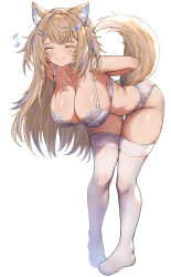  1girl absurdres animal_ear_fluff animal_ears arms_behind_back bent_over blonde_hair blue_hair bra breasts cleavage closed_eyes closed_mouth collarbone dog_ears dog_girl dog_tail dressing full_body fuwawa_abyssgard hair_ornament hairclip hanging_breasts highres hololive hololive_english honkivampy lace lace-trimmed_bra lace_trim large_breasts large_pectorals lingerie long_hair multicolored_hair musical_note pectorals simple_background smile solo strap_gap streaked_hair struggling tail thigh_gap thighhighs two_side_up underwear virtual_youtuber white_background white_thighhighs 