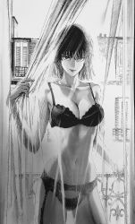  1girl bra breasts cleavage curtains fubuki_(one-punch_man) garter_belt garter_straps highres looking_at_viewer monochrome one-punch_man smile solo underwear  rating:Questionable score:23 user:BluRei