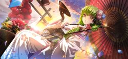  1girl artist_request barrel black_gloves blue_flower blue_sky c.c. cloud code_geass code_geass:_lost_stories confetti cup diffraction_spikes dutch_angle female_focus fishnet_gloves fishnets floral_print flower game_cg glint gloves green_hair hair_flower hair_ornament hair_over_shoulder hands_up highres holding holding_cup holding_umbrella japanese_clothes kimono light_particles long_hair long_sleeves looking_at_viewer non-web_source obi official_art oil-paper_umbrella orange_sky outdoors parted_lips pink_flower red_flower sakazuki sash sitting sky solo string_of_flags sunlight sunset tassel teeth umbrella white_flower white_kimono wide_sleeves yellow_eyes yellow_flower 
