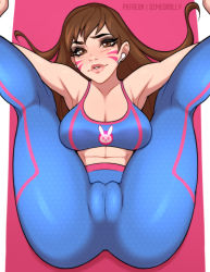 1girl abs airpods armpits blue_pants blue_sports_bra blush breasts brown_eyes brown_hair cameltoe cleavage cleft_of_venus commentary commission d.va_(overwatch) dimedrolly english_commentary eyeliner folded kneepits large_breasts legs_over_head lips long_hair looking_at_viewer lying makeup mismatched_eyebrows navel nose_blush on_back overwatch overwatch_1 pants pink_lips solo sports_bra thick_eyebrows thick_thighs thighs wireless_earphones yoga yoga_pants rating:Questionable score:143 user:danbooru
