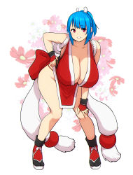  1girl absurdres blue_hair breasts cleavage cosplay erkaz fingerless_gloves gloves hand_on_own_hip hanging_breasts highres huge_breasts leaning_forward looking_at_viewer original pelvic_curtain ponytail red_eyes rina_atherina rope sandals shiranui_mai shiranui_mai_(cosplay) short_hair socks solo standing the_king_of_fighters white_background  rating:Questionable score:50 user:danbooru