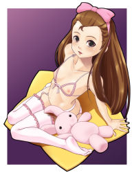  1girl :d antenna_hair arm_support black_eyes blush bow bra brown_hair cupless_bra cushion doll feet flat_chest frilled_thighhighs frills front-tie_top garter_belt hair_bow hairband happy idolmaster idolmaster_(classic) lingerie loli long_hair looking_up minase_iori navel nipples open_mouth panties side-tie_panties sitting smile solo stuffed_animal stuffed_rabbit stuffed_toy thighhighs tomatto_(@ma!) underwear wariza  rating:Questionable score:70 user:danbooru