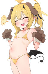  1girl absurdres animal_ears animal_hands black_horns black_tail black_wings blonde_hair blue_archive brown_gloves closed_eyes collarbone cowboy_shot demon_horns demon_tail demon_wings dog_ears dog_paws doroshe_(sdpw8474) facing_viewer fake_animal_ears flat_chest gloves halo highres horns huge_filesize ibuki_(blue_archive) loli long_hair navel open_mouth paw_gloves pointy_ears simple_background smile solo standing tail white_background wings yellow_halo 