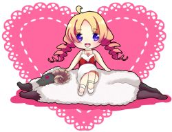  1girl atlus blonde_hair bow bowtie breasts catherine catherine_(game) chibi cleavage dress drill_hair female_focus horns long_hair monuko open_mouth purple_eyes red_ribbon ribbon sheep sitting solo white_background 