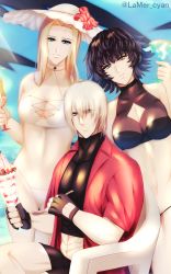  1boy 2girls absurdres beach bikini black_hair blonde_hair blue_eyes breasts chair cleavage dante_(devil_may_cry) dessert devil_may_cry_(series) food green_eyes hat heterochromia highres ice_cream jacket lady_(devil_may_cry) legs multiple_girls shirt shorts sitting sky smile spoon sundae swimsuit trish_(devil_may_cry) white_shirt  rating:Sensitive score:4 user:MassGenocide