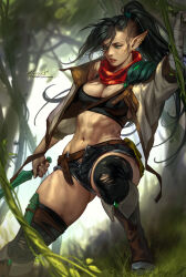  1girl abs aleriia_v artist_name bandaged_arm bandages belt black_hair black_thighhighs breasts cleavage earrings forest green_eyes highres holding holding_weapon jacket jewelry large_breasts lips long_hair nature navel open_clothes open_fly open_jacket original ponytail scarf shorts solo tank_top thighhighs watermark weapon web_address 