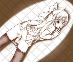 1girl against_wall anus ass bent_over blush bow clothes_lift eyebrows long_hair looking_back male_focus panties panty_pull pantyhose penis skirt skirt_lift sweat testicles thighhighs grid_background tile_wall tiles underwear uniform rating:Explicit score:51 user:blues