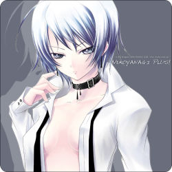 1girl androgynous blue_hair breasts collar earrings female_focus grey_eyes jacket jewelry leash mogami_rio no_bra open_clothes open_shirt original reverse_trap shirt short_hair silver_hair simple_background solo white_jacket rating:Questionable score:12 user:danbooru