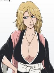  1girl absurdres bleach blonde_hair blue_eyes breasts cleavage collarbone highres japanese_clothes large_breasts long_hair looking_at_viewer matsumoto_rangiku mistowing solo upper_body  rating:Sensitive score:86 user:YuukoLover