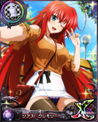  1girl ahoge blue_eyes breasts card_(medium) chess_piece cleavage female_focus high_school_dxd king_(chess) large_breasts long_hair official_art one_eye_closed open_mouth panties pantyshot purple_panties red_hair rias_gremory smile solo thighhighs underwear wink  rating:Sensitive score:23 user:YuukoLover