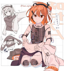  1girl a.i._voice adachi_rei android artist_name cable closed_mouth dressing gloves grid_background hair_between_eyes hair_ornament hair_ribbon hashtag-only_commentary headlamp headset highres holding jacket joints long_sleeves looking_at_viewer mechanical_parts medium_hair multiple_views nude orange_eyes orange_hair radio_antenna ribbon robot_joints sitting speech_bubble translation_request tuna_nigirimesi turtleneck twitter_username unworn_clothes utau white_ribbon 