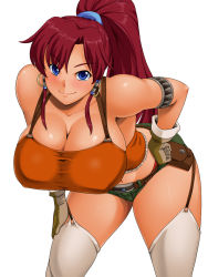  10s 1girl armlet bellows_(suisei_no_gargantia) blue_eyes breasts cleavage curvy earrings garter_straps gloves hand_on_own_hip hand_on_own_thigh hand_on_thigh hoop_earrings huge_breasts jewelry kawanuma_uotsuri leaning_forward long_hair looking_at_viewer navel ponytail raised_eyebrows red_hair short_shorts shorts simple_background smile solo suisei_no_gargantia tan thighhighs white_background  rating:Sensitive score:205 user:danbooru