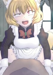 1boy 1girl ahegao animal_ear_fluff animal_ears animated apron assertive_female black_dress blonde_hair blush borrowed_character bow bowtie breasts clothed_sex covered_penetration cowgirl_position crazy_eyes cum cum_in_pussy curtains dress ejaculation fang female_orgasm fox_ears fox_tail frilled_apron frills girl_on_top hetero highres indoors large_breasts long_sleeves looking_at_viewer maid maid_headdress open_mouth orgasm original pink_eyes pov pumping red_bow red_bowtie sakitsune samon_shiu see-through see-through_silhouette sex sound spread_legs squatting_cowgirl_position straddling sweat tail video white_apron window yandere  rating:Explicit score:751 user:romantic_colors