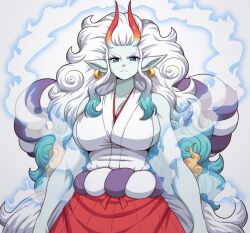  1girl absurdres blue_eyes blue_hair breasts cleavage earrings female_focus furry furry_female highres horns huge_breasts japanese_clothes jewelry long_hair looking_at_viewer multicolored_hair one_piece pointy_ears rope_belt sideboob simmsy solo two-tone_hair very_long_hair white_hair yamato_(one_piece)  rating:Sensitive score:23 user:catonfire26