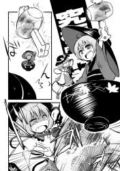  ! 2girls bowl bowl_hat comic dizzy finishing_move greyscale hammer hat highres hitting monochrome multiple_girls open_mouth short_hair touhou weapon  rating:Explicit score:0 user:blightLord