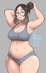  1girl agawa_ryou arms_up belly blue_eyes breasts brown_hair cleavage hair_bun large_breasts plump solo thick_thighs thighs underwear wide_hips  rating:Questionable score:49 user:steineg