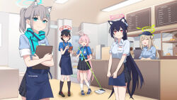  5girls :d ^_^ ahoge alternate_hairstyle animal_ear_fluff animal_ears apron aqua_necktie ayane_(blue_archive) baseball_cap black_hair black_skirt blue_apron blue_archive blue_eyes blue_scarf blue_shirt blurry brown_hair cabbie_hat cafe cashier cat_ears cat_girl closed_eyes coffee_maker commentary_request cross_hair_ornament depth_of_field display_case dual_wielding earrings extra_ears foreclosure_task_force_(blue_archive) glasses grey_hair hair_between_eyes hair_bun hair_ornament halo hat highres holding holding_menu holding_mop holding_notebook holding_pen holding_tray hoshino_(blue_archive) hugging_object id_card indoors jewelry long_hair looking_at_viewer medium_hair menu mismatched_pupils mop multiple_girls necktie nonomi_(blue_archive) notebook official_alternate_costume official_alternate_hairstyle open_mouth pen pink_hair plaid plaid_skirt pleated_skirt pointy_ears police_riot_(artist) ponytail red_eyes restaurant scarf scone serika_(blue_archive) shiroko_(blue_archive) shirt short_hair short_sleeves shoulder_strap sidelocks single_side_bun skirt sleeves_rolled_up smile tray v_arms waist_apron waitress white_shirt wolf_ears wolf_girl 
