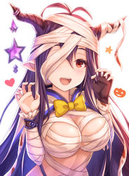  1girl :d antenna_hair bandage_over_one_eye bandaged_arm bandages black_gloves blush bow breasts claw_pose cleavage commentary_request danua draph fingerless_gloves gloves granblue_fantasy hair_between_eyes hands_up highres horn_ornament horns jack-o&#039;-lantern large_breasts long_hair looking_at_viewer mummy mummy_costume naked_bandage open_mouth purple_hair red_eyes round_teeth single_glove smile solo star_(symbol) teeth tomo_(tmtm_mf_mf) upper_teeth_only very_long_hair yellow_bow  rating:Sensitive score:9 user:danbooru