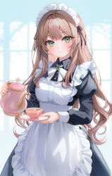 1girl absurdres apron black_dress bow breasts brooch brown_hair closed_mouth collared_dress commentary_request cup dress funii green_eyes highres holding holding_saucer holding_teapot jewelry juliet_sleeves long_hair long_sleeves looking_at_viewer maid maid_apron maid_headdress original puffy_sleeves saucer small_breasts smile solo teacup teapot very_long_hair white_bow window 